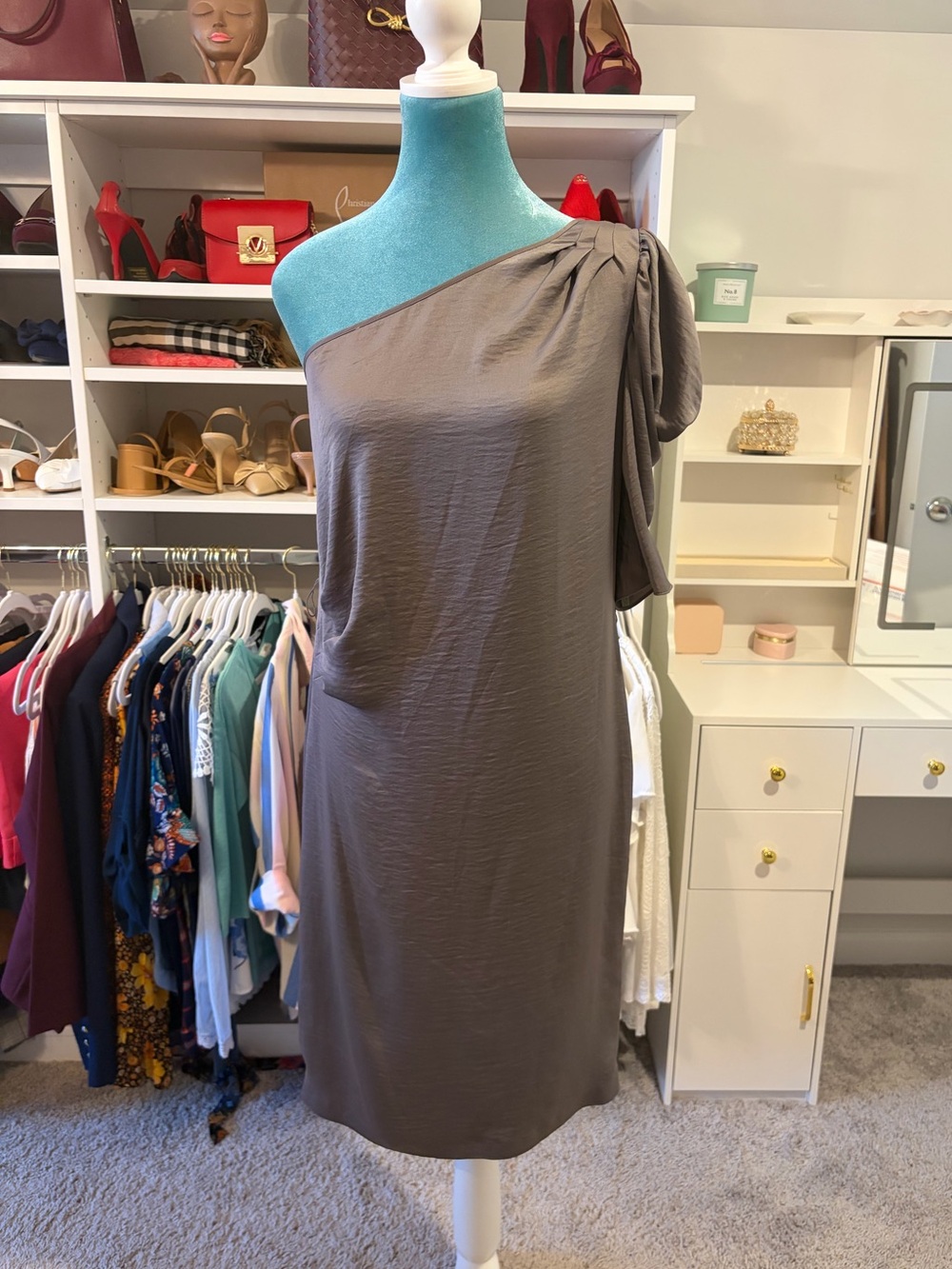 BCBGMaxAzria One-Shoulder Taupe Dress with Draped Shoulder